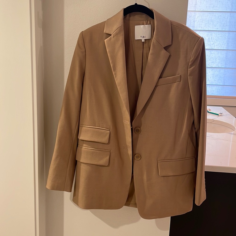 Tibi Tan Single-Breasted Notch-Lapel Blazer